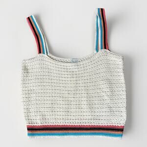 Francescas Blue Rain Crop Tank Top Womens M White Crochet Knit 100% Cotton Boho